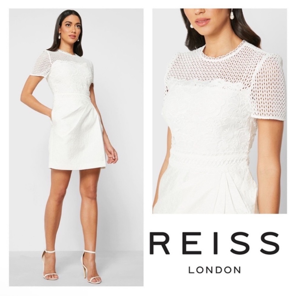 New! REISS London Freyda Lace Sheer Crochet Detailing Mini Dress in White